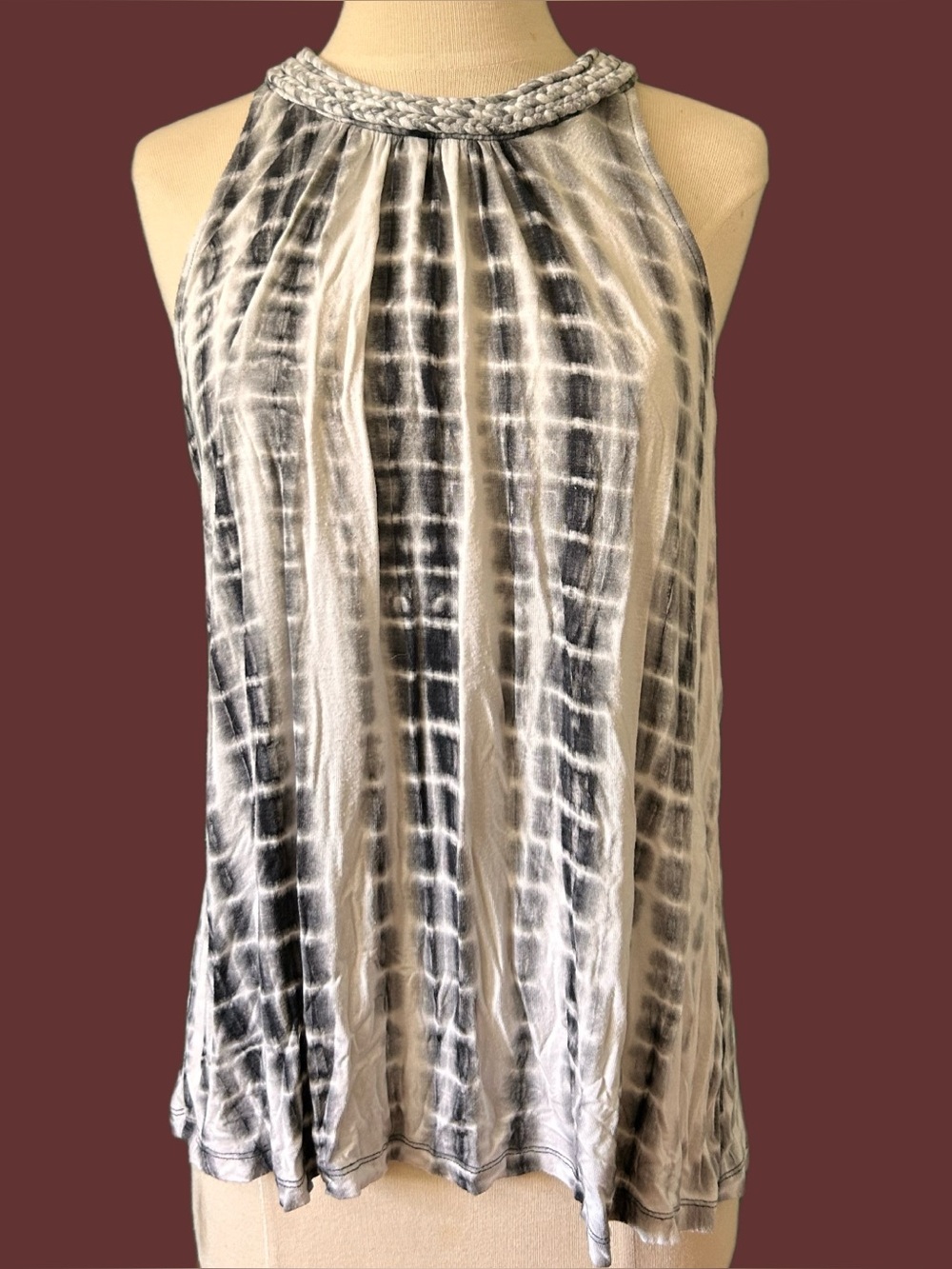 Braided Halter Tie-Dye Tank Top in Gray and White